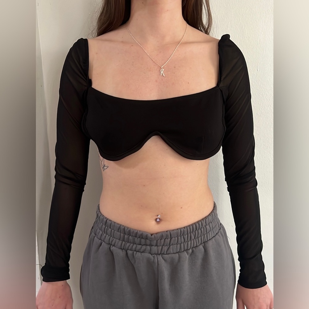 Black long sleeve crop top with sheer sleeves